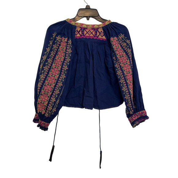 Free People Embroidered Peasant Blouse Womens XS Blue Multicolor Boho Top - Picture 2 of 6